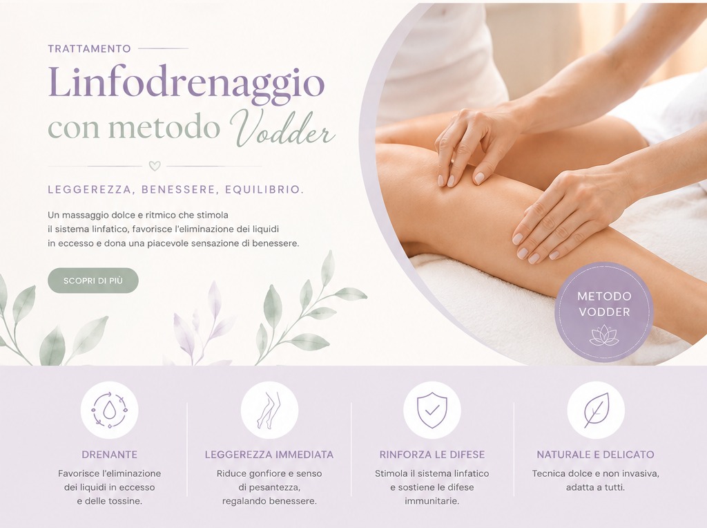 Trattamento linfodrenaggio con metodo Vodder: un massaggio dolce e ritmico che stimola il sistema linfatico e favorisce l’eliminazione dei liquidi in eccesso